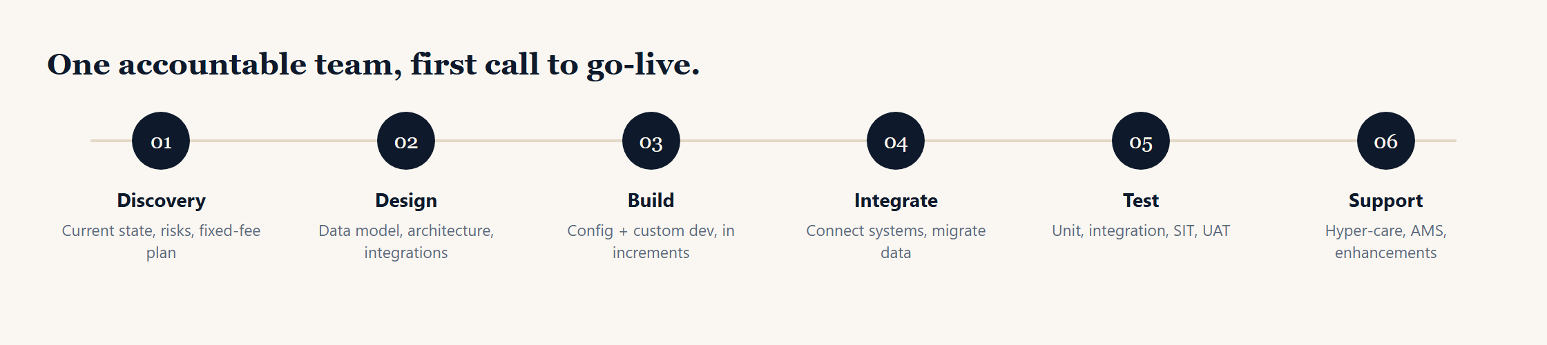 Delivery timeline: Discovery, Design, Build, Integrate, Test, Support